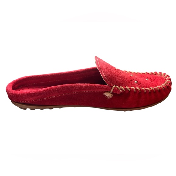 Minnetonka Red Suede Driving Moccasins | Size 8 | Pearl-Studded Slip-On Loafers - Picture 4 of 8